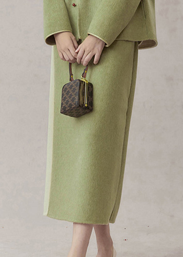 Green Stand Collar Tasseled Patchwork Woolen Two Pieces Set Fall