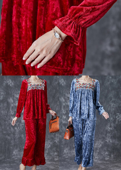 Blue Patchwork Silk Velour Two-piece Set Square Collar Embroideried Fall
