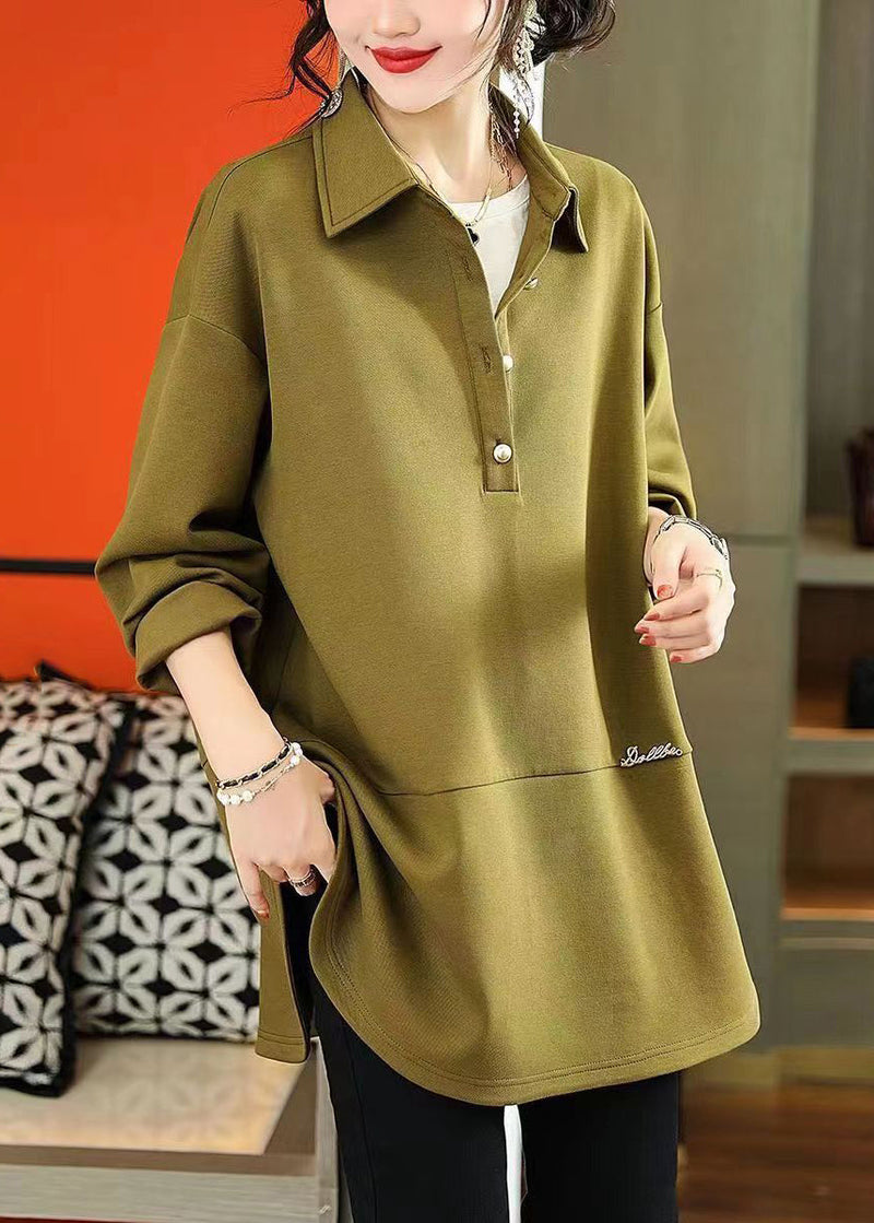 Army Green Peter Pan Collar Patchwork Cotton Shirts Fall