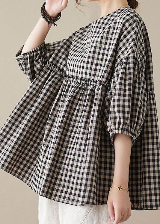 Plaid O Neck Wrinkled Patchwork Cotton Top Lantern Sleeve