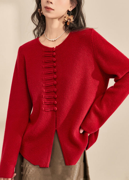 Chinese Style Red O-neck Button Cozy Cotton Knit Cardigans Fall