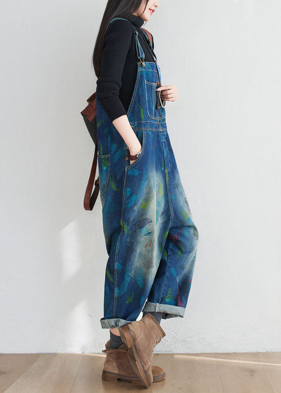 Blue Patchwork Print Denim Jumpsuit Spring