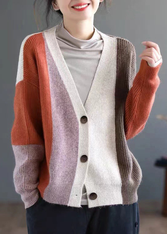 Orange Colorblock Button Patchwork Knitting Cardigan Fall