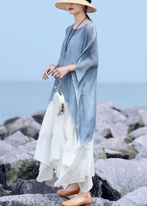 Blue O-neck Asymmetrical Design Linen Tops Batwing Sleeve