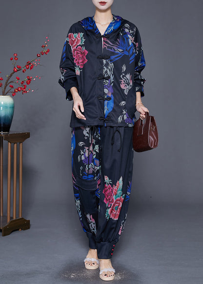 Black Oversized Print Chinese Button Two Pieces Set Fall