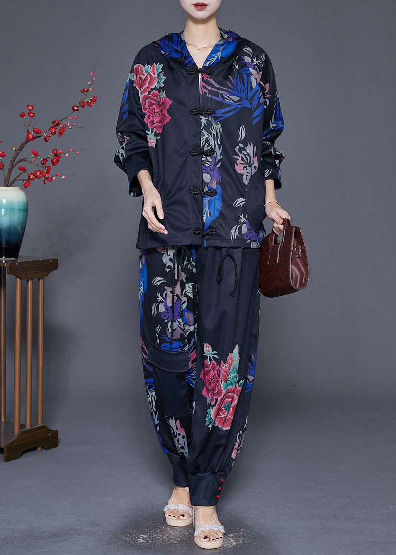Black Oversized Print Chinese Button Two Pieces Set Fall