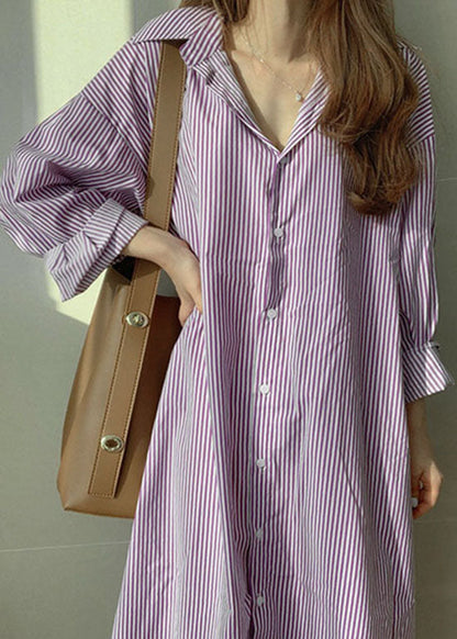 Purple Peter Pan Collar Striped Cotton Shirt Dresses Spring