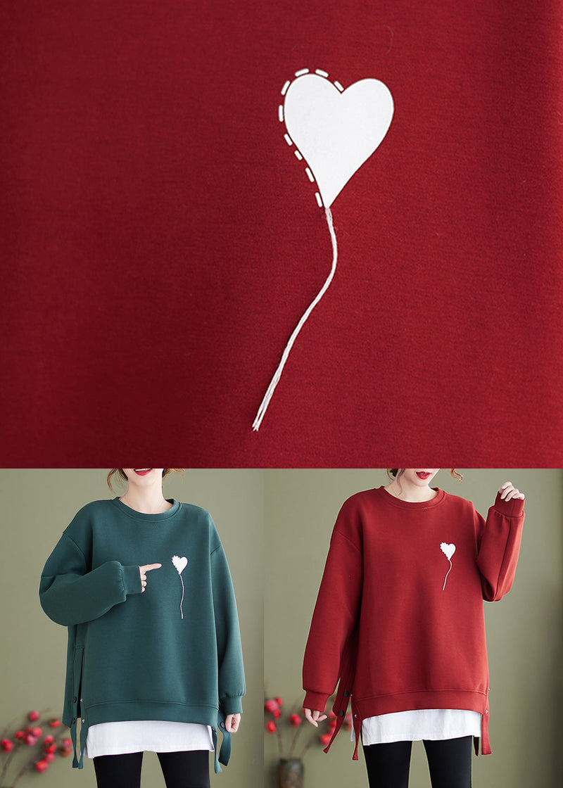 Green Print Cotton Pullover O Neck Side Open Winter