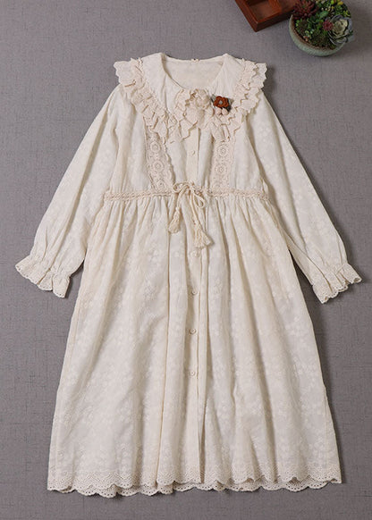 Natural Apricot Tasseled Drawstring Cotton Vacation Dresses Long Sleeve