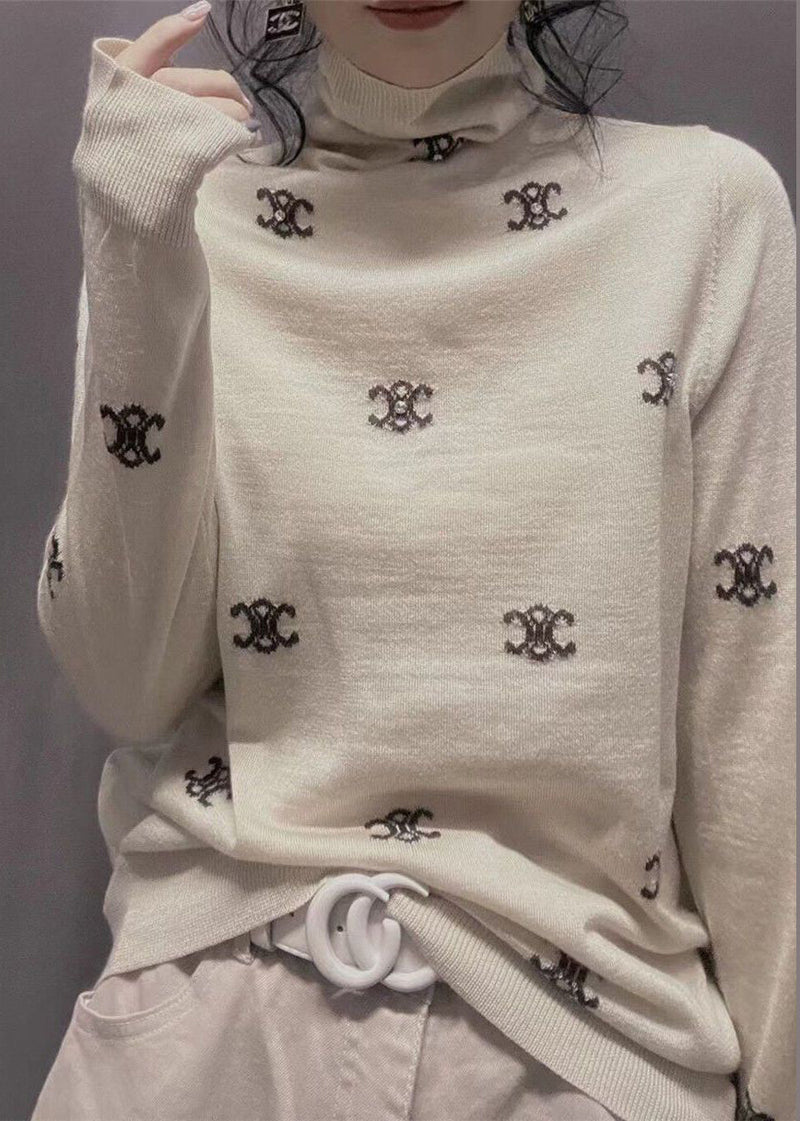 Jacquard Black Turtle Neck Knitting Cotton Top Long Sleeve