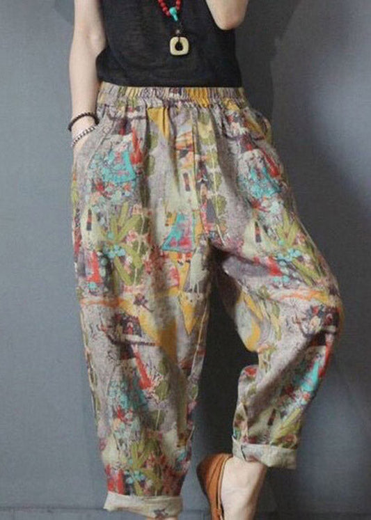 Loose Pockets Elastic Waist Print Linen Harem Pants Summer
