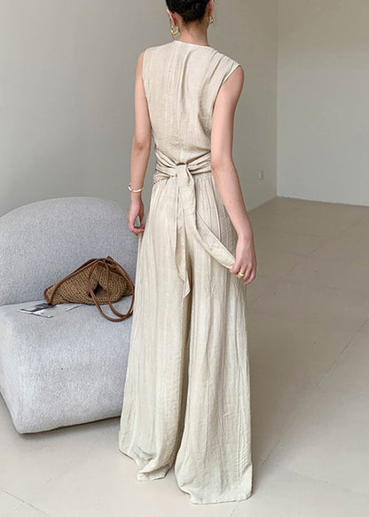 Brief V Neck Silk Linen Top and Wide Leg Pants Two Pieces Set Sleeveless Summer