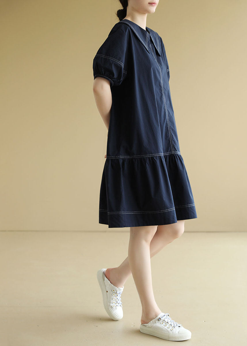 Navy Peter Pan Collar Patchwork Cotton Mid Dress Short Sleeve