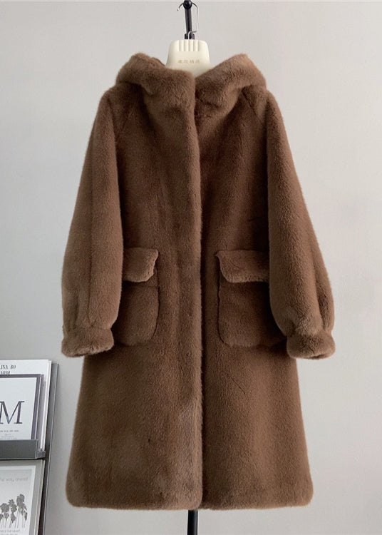 Pink Hooded Pockets Mink Cashmere Coats Winter