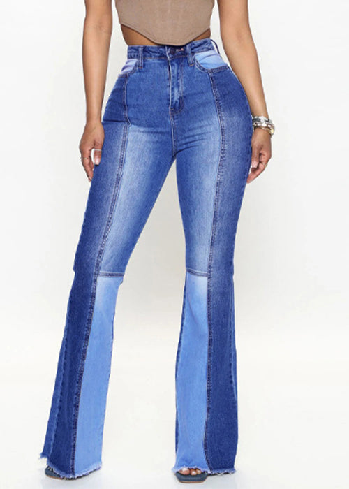 French Blue Pockets Patchwork Denim Flared Trousers Summer