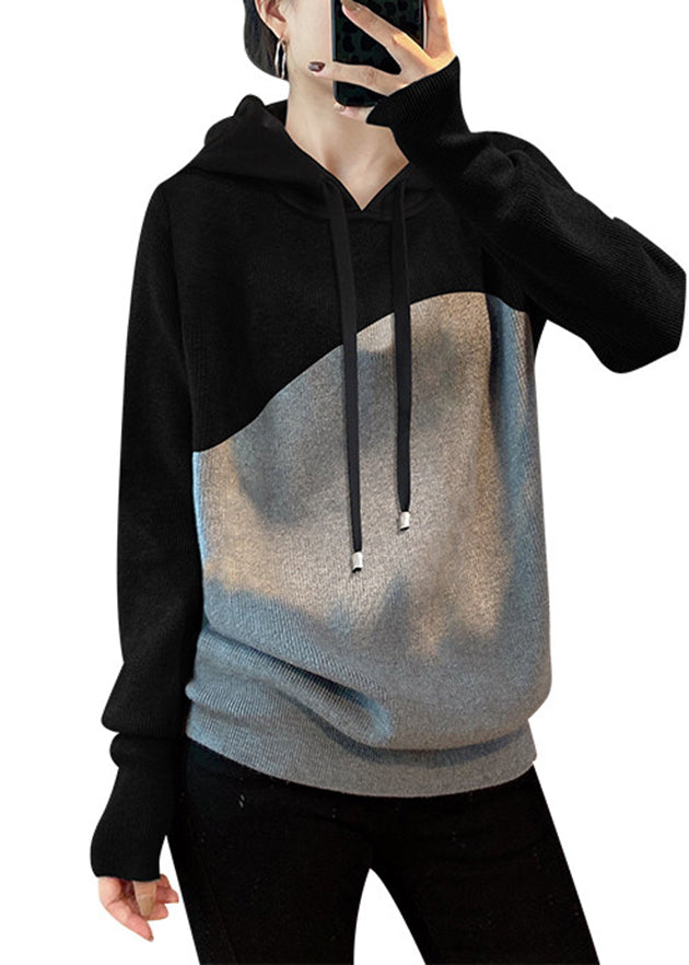 Black Grey Drawstring Hooded Patchwork Knit Sweatshirts Top Spring
