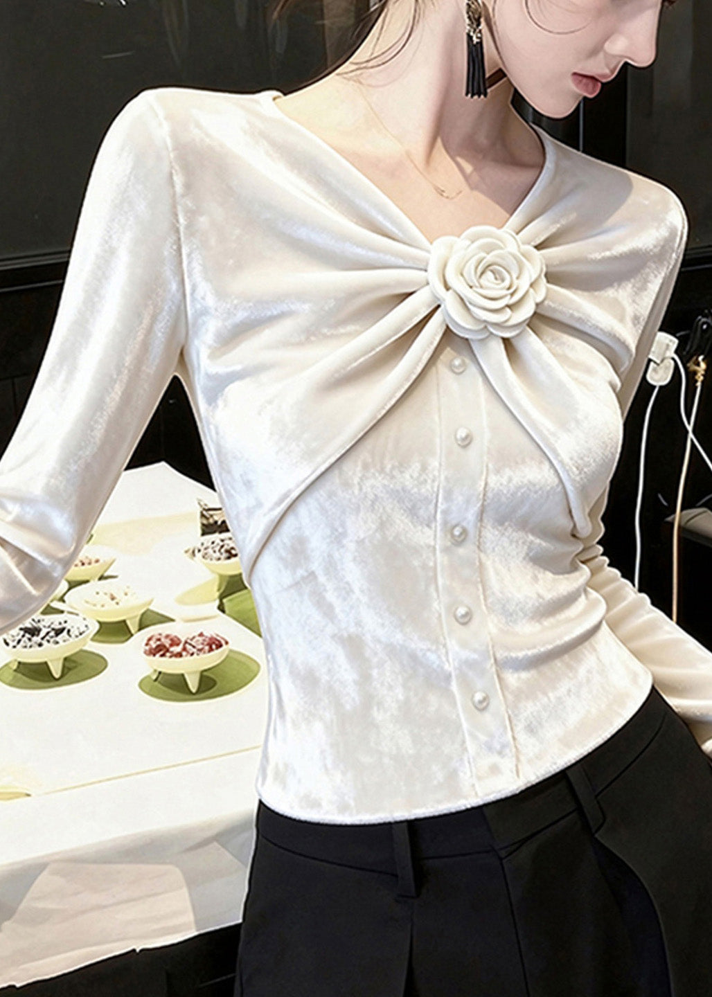 White V Neck Rose Wrinkled Silk Velour Tops Fall