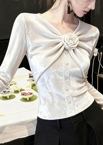 White V Neck Rose Wrinkled Silk Velour Tops Fall