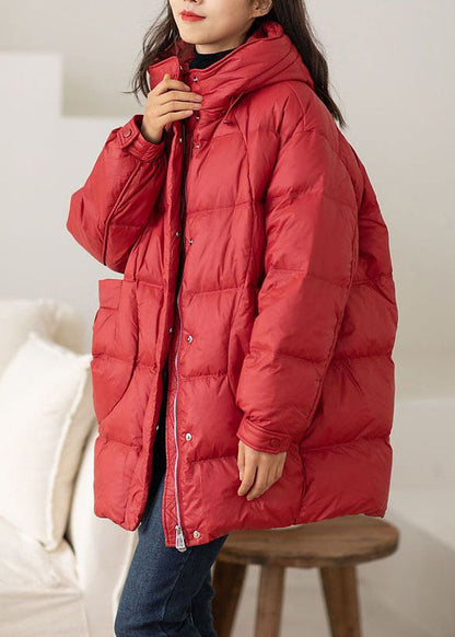 Classy Red Hooded Oversized Drawstring Cotton Blend Down Coat Winter