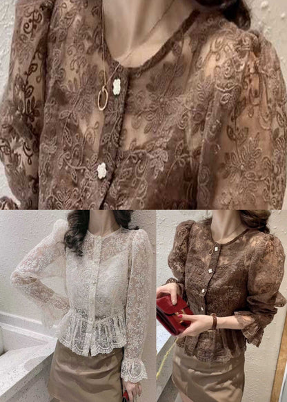 Chocolate Lace Coat Spaghetti Strap Top Sets Two Pieces Ruffled Flare Sleeve