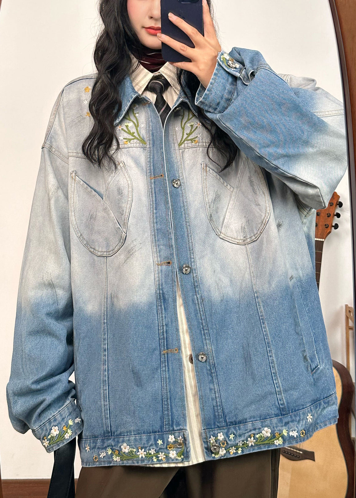 Gradient Color Embroidered Pockets Denim Coats Fall
