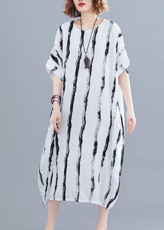 Fitted White O-neck Striped Summer Robe Dresses