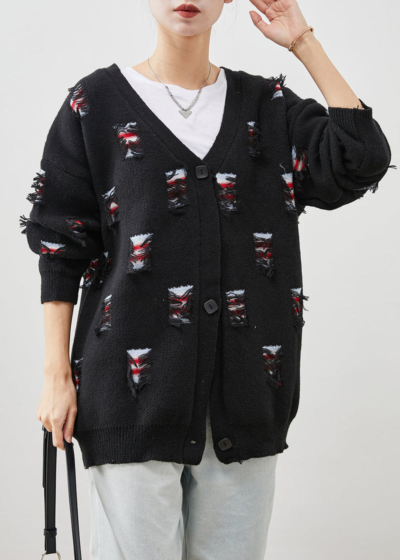 Black Oversized Ripped Thick Knit Coat Spring