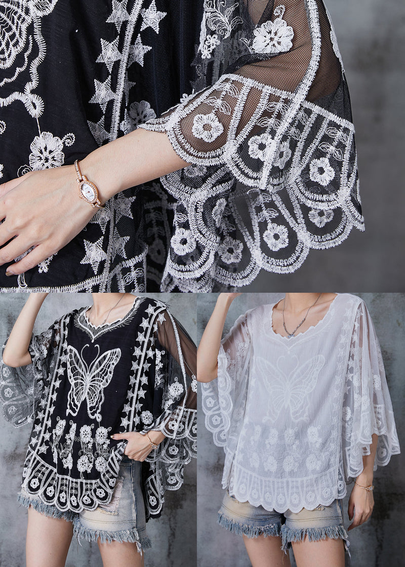 White Embroidered Butterfly Cotton Blouses Summer