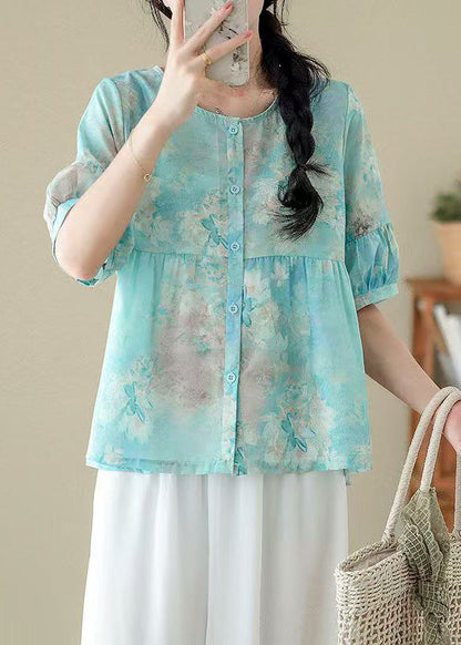 Pink O Neck Print Patchwork Cotton Shirts Summer