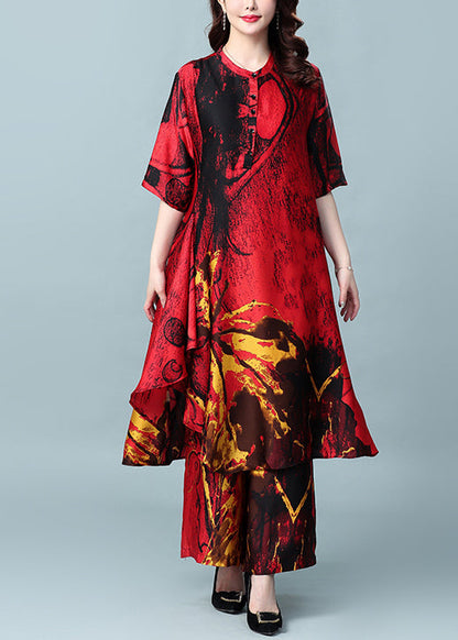 French Red Asymmetrical Design Print Silk Dress and Wide Leg Pants Two Pieces Set Summer