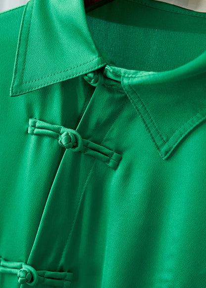 Green Peter Pan Collar Pockets Button Silk Shirt Long Sleeve