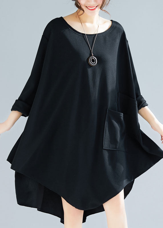 Black Asymmetrical Patchwork Applique Cotton Long Tops Spring