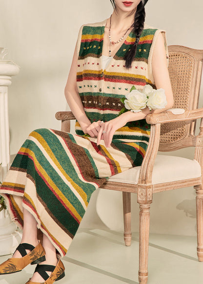 Colorblock V Neck Striped Knit Waistcoat and Maxi Skirts Two Piece Set Sleeveless