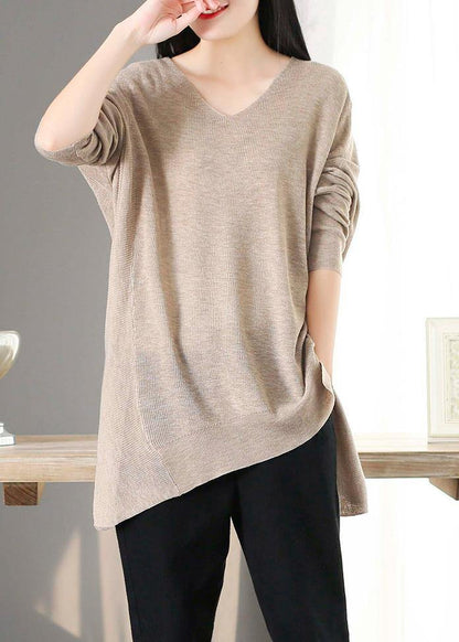 For Spring Nude Clothes V Neck Asymmetric Knit Tops