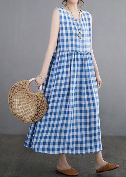 Blue Plaid Patchwork Maxi Dresses Sleeveless