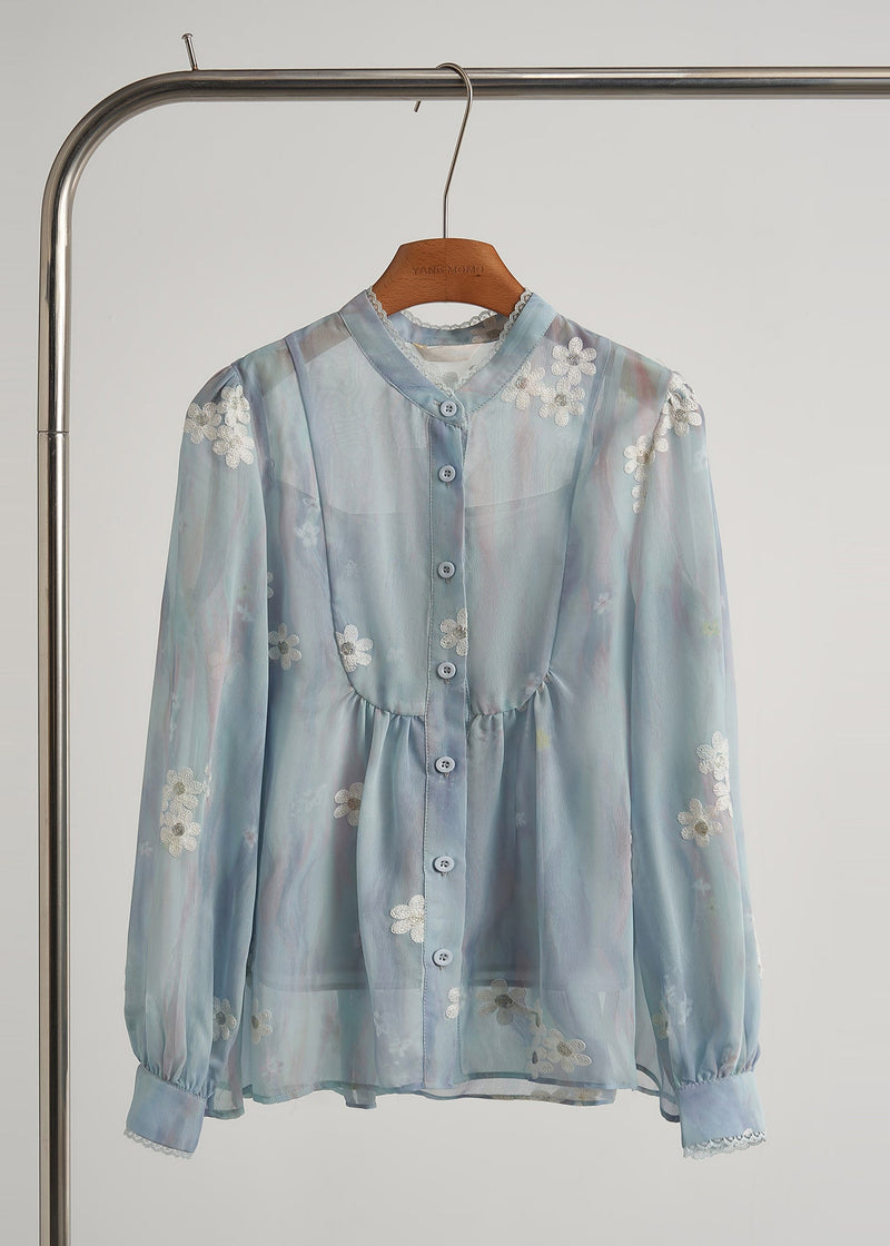 Modern Sky Blue Embroidered Chiffon Two Piece Suit Set Fall