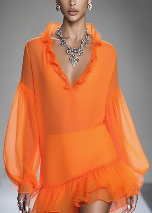 Loose Orange Ruffled Patchwork Chiffon Mid Dresses Spring