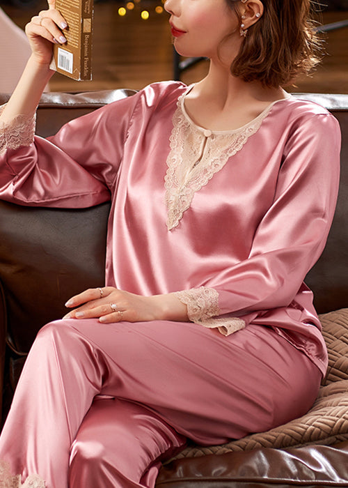 Pink Lace Patchwork Silk Pajamas Two Pieces Set