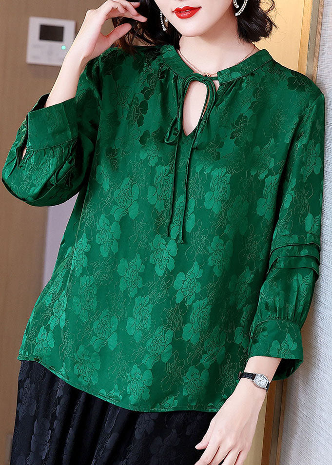 Green O-neck Lace Up Wrinkled Jacquard Silk Blouses Long Sleeve