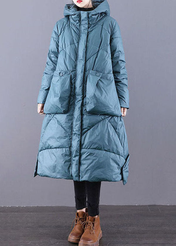 Blue-green Hooded Zippered Oversized Thick Cotton Blend Puffers Jackets Winter