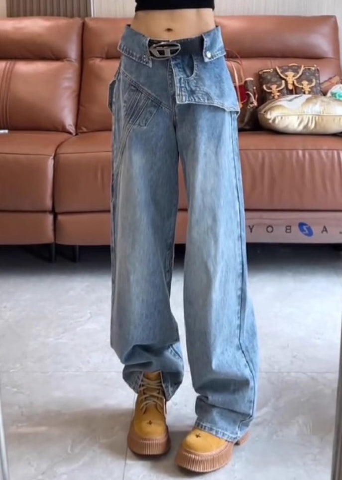 Modern Blue Asymmetrical High Waist Denim Pants Spring