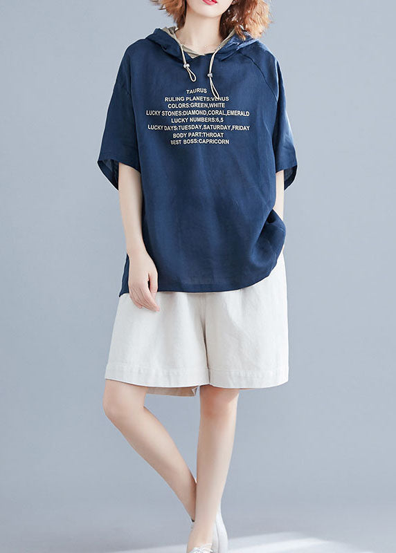 Blue Hooded Alphabet Print Cotton Pullover Summer