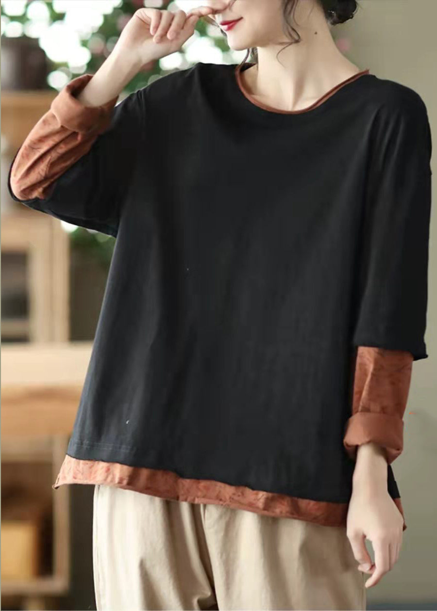 French Black O-neck Patchwork Fake Two Pieces Cotton Sweatshirts Top Long Sleeve