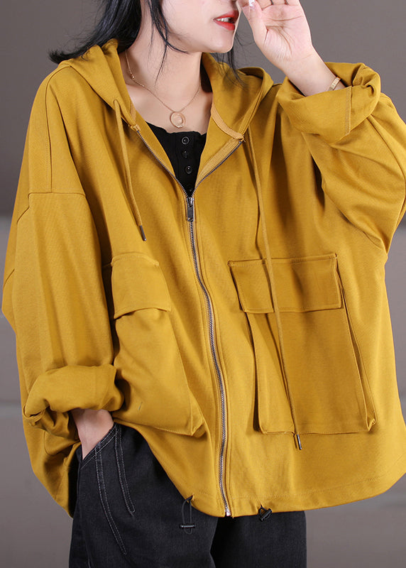 Yellow Zippered Drawstring Cotton Hooded Coat Fall