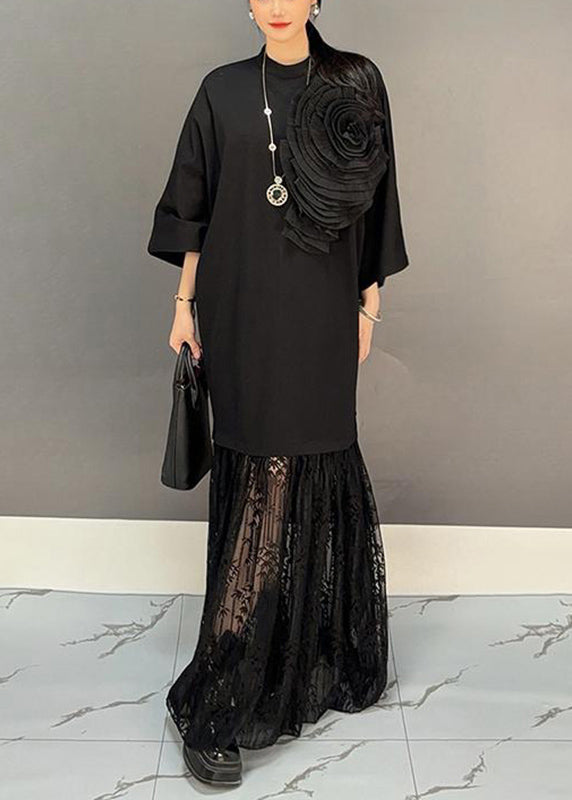 Black Lace Patchwork Maxi Dresses Fall