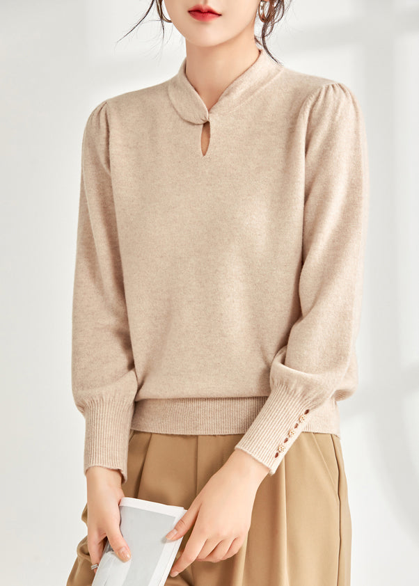 Beige Loose Wool Knit Sweater Hollow Out Spring