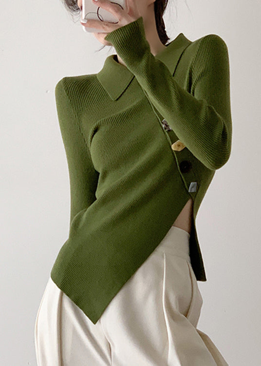Green Peter Pan Collar Asymmetrical Knit Pullover Long Sleeve