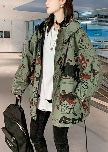 Green Hooded Letter Pockets Cotton Trench Coats Spring