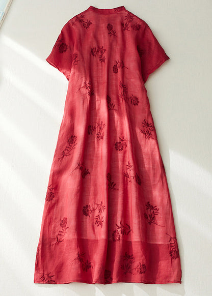 Red Stand Collar Side Open Layered Maxi Dress Short Sleeve