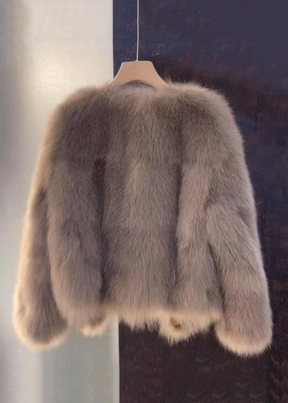 Coffee Button Leather and Fur Coat Long Sleeve